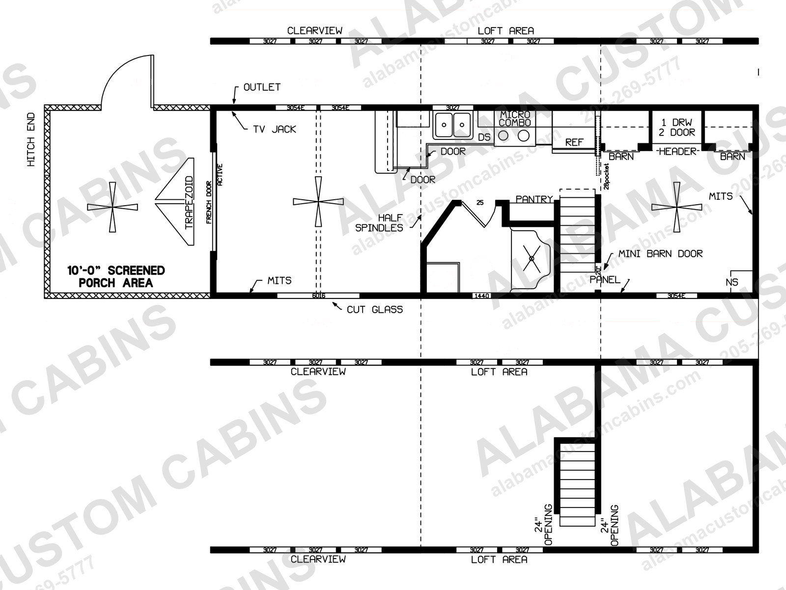 Big Oak Lodge floor plan — main level with queen bedroom, full bath, kitchen, screened porch, and the loft above