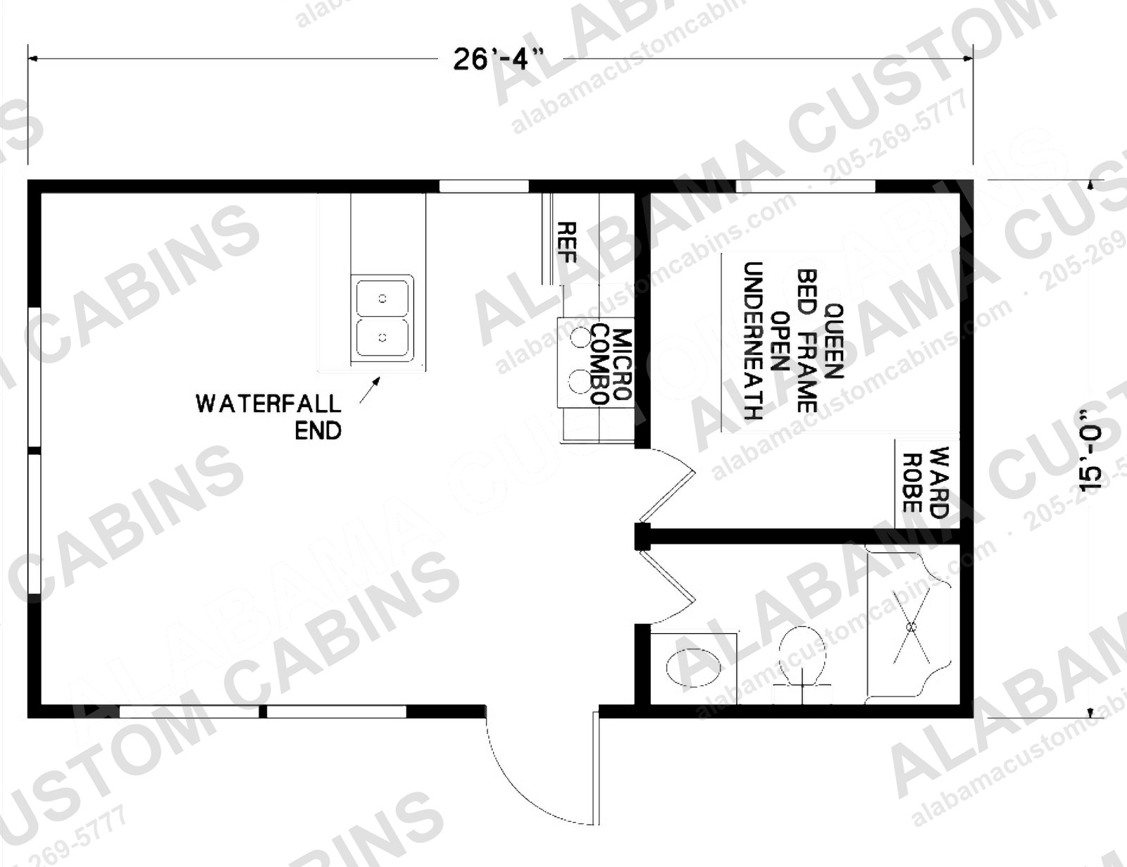 Farmstead floor plan — single-level layout with queen bedroom, full kitchen and full bath
