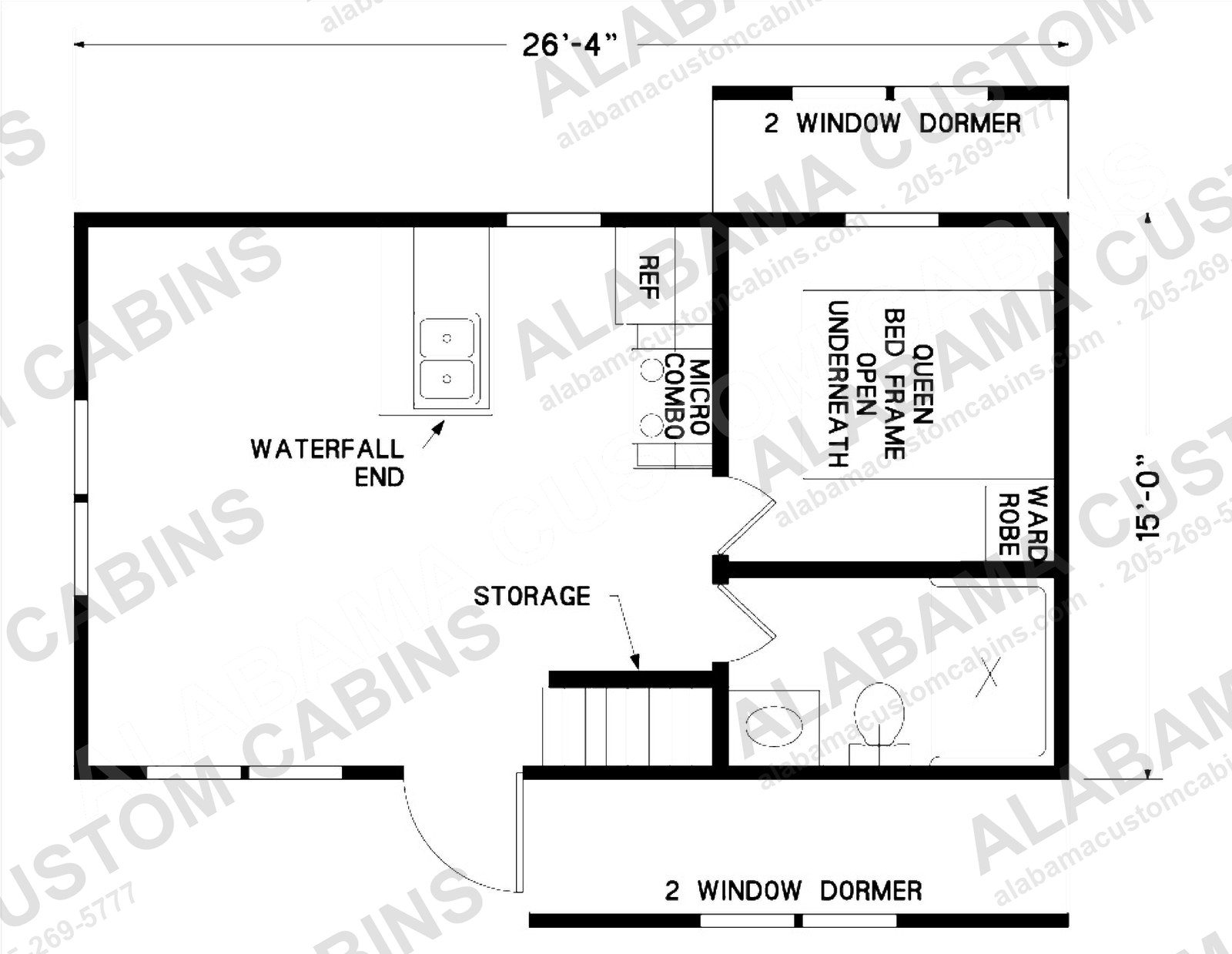 Lofted Farmstead floor plan — main level with staircase to an upper sleeping loft