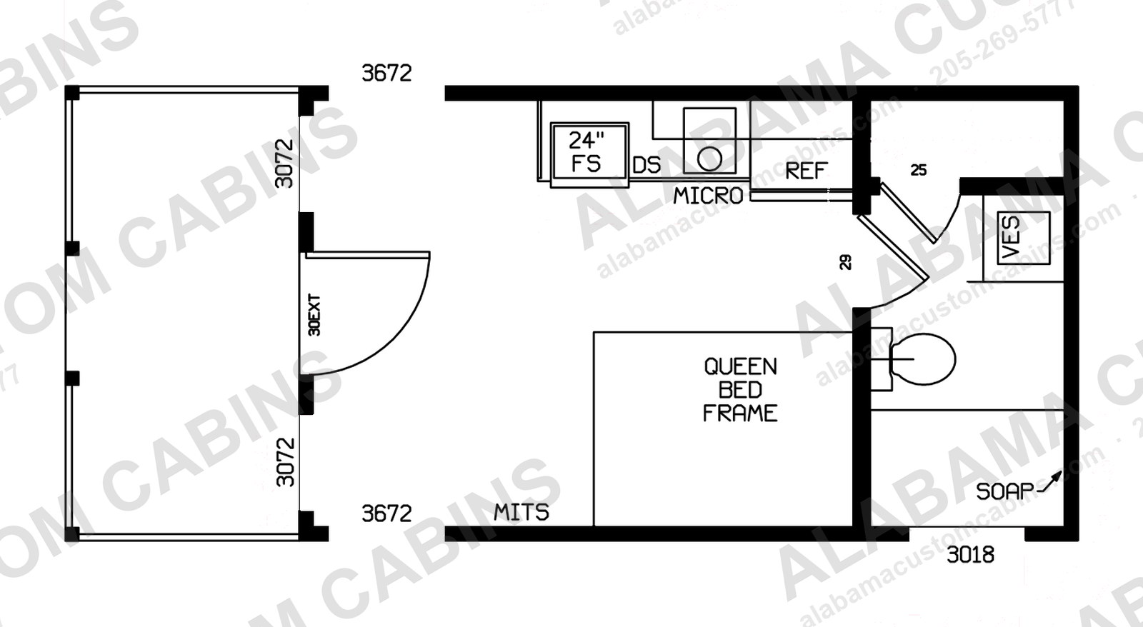 The Nest floor plan — open studio with queen bed, kitchen, full bath and covered porch